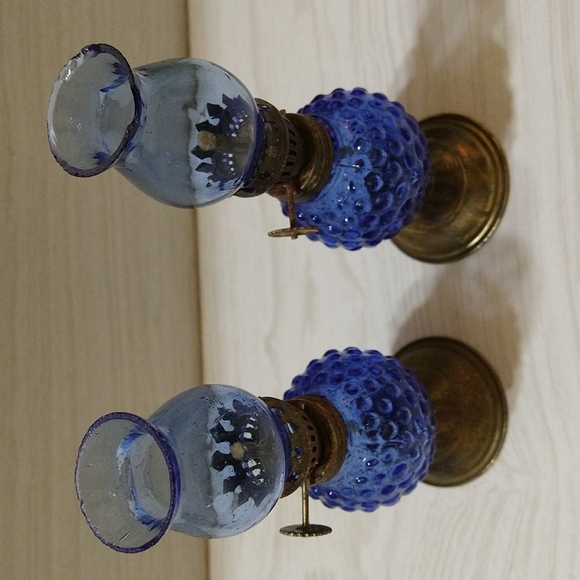Vintage Mini Cobalt Blue Hobnail Oil Lamp with Hand Blown Chimney - Picture 4 of 5